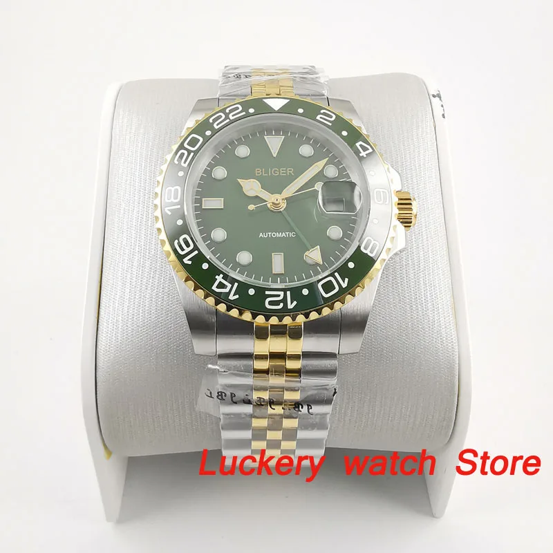 bliger 40mm GMT men's watch green dial luminous saphire glass ceramics Bezel Automatic Mechanical watch - BA213