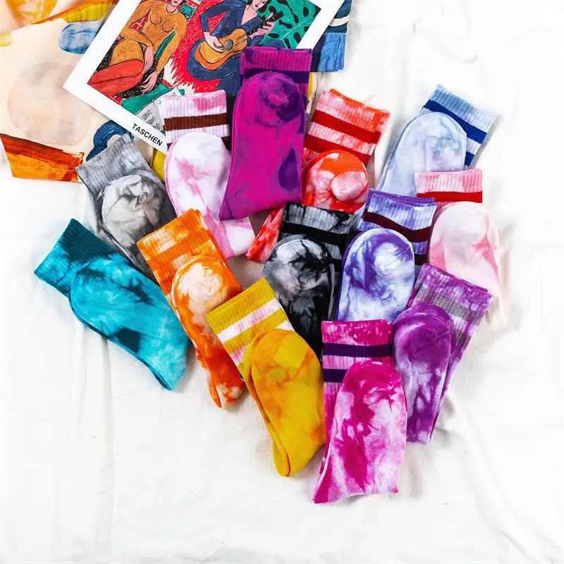 Unisex Tie-Dye Socks Street Trend High-Top Tide Sock Men Women Solid Color Cotton Striped Basketball Socks Skateboard Socks