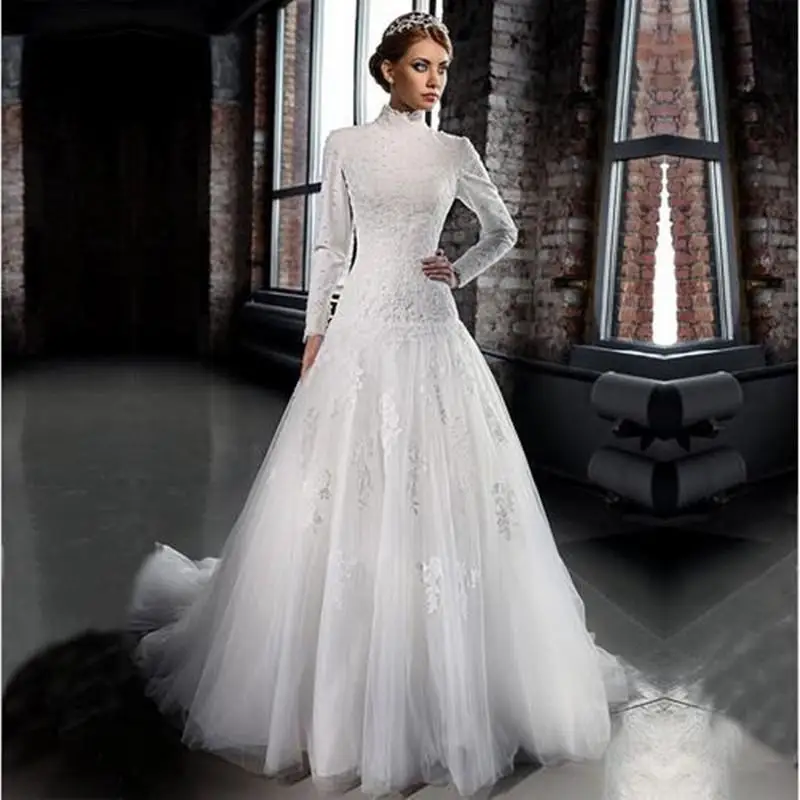 

Vestidos De Noiva 2020 Romantic Bridal Dresses Arabic High Neck Wedding Dress Long Sleeve Muslim Wedding Dress Robe De Mariage