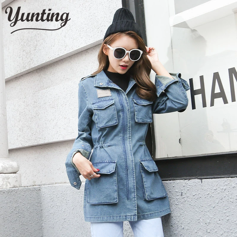 

Womens Blue Denim Jacket Turn-down Collar Chain Jeans Jacket pocket Coat Oversize Coats Jeans Jackets Women Outerwear Coats 2021