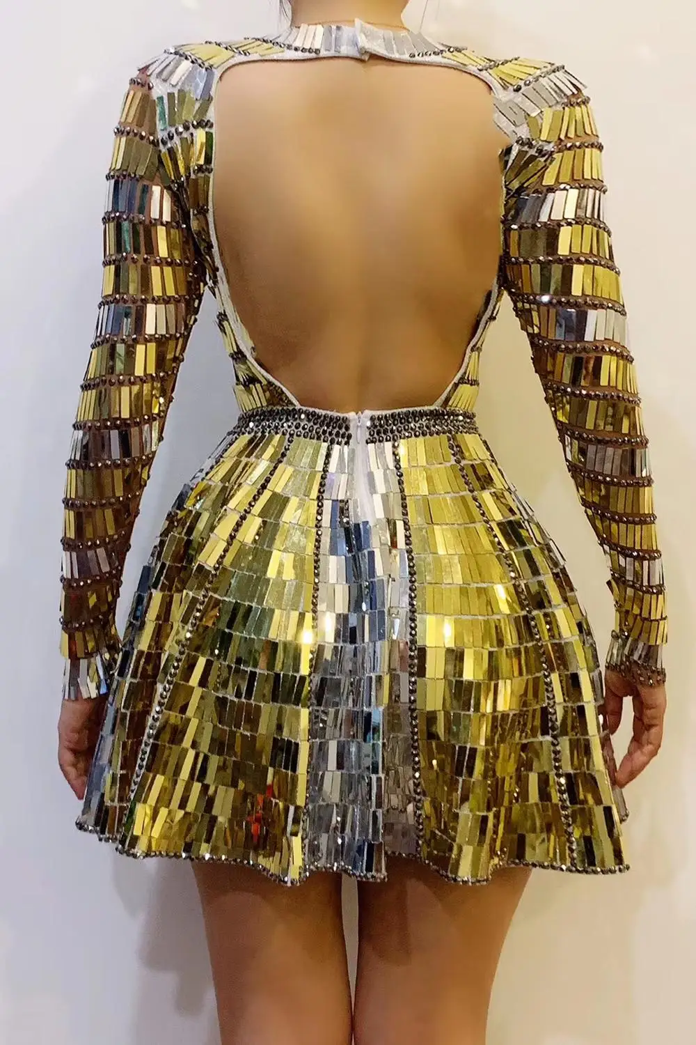 Sparkly Gold Silver Sequins Rhinestones Dress for Women Birthday Celebrate Backless Mini Dress Club Stage Performance Costumes