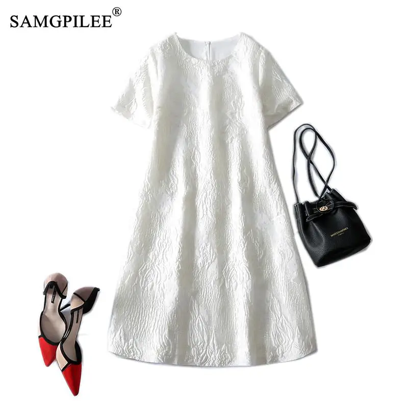 

Summer Clothes For Women 2022 New French Hepburn Style Jacquard Bright Silk Party Dress Short-sleeved Knee Length Dresses