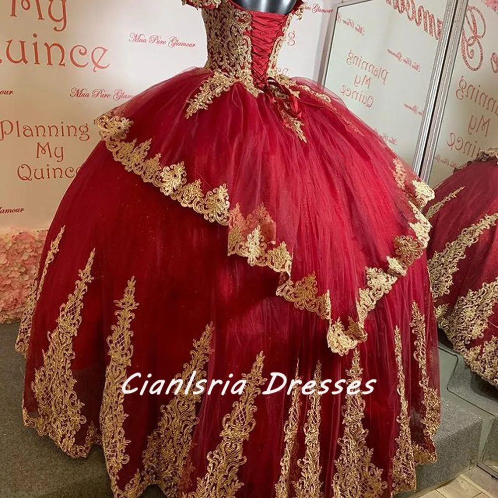 Red Ball Gown Quinceanera Dress Beaded Prom Dresses Off The Shoulder Formal Quinceanera Gowns 3D flowers Sweep Train Tulle