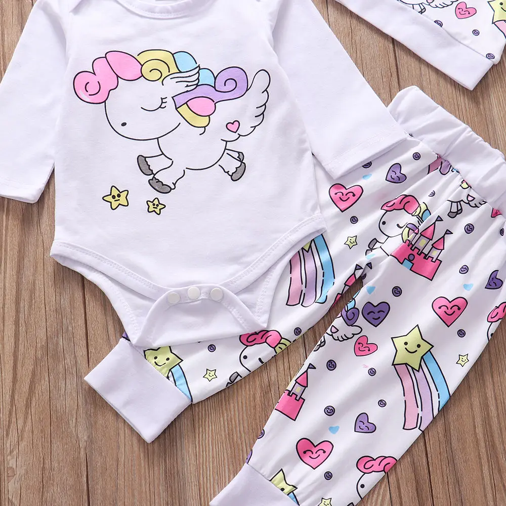 Newborn Baby Girl Clothes Sets Infant Fashion Rainbow Cartoon Pegasus Star Heart Castle 4pcs Hat+Headband+Long Sleeve+Tops+Pants