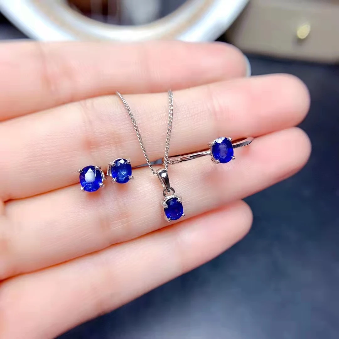 

FS 4*5mm Natural Sapphire S925 Sterling Silver Ring Earrings Pendant Necklace Set Fine Charm Weddings Jewelry for Women MeiBaPJ