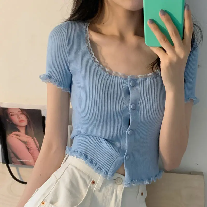 Short Sleeve T-shirts Women Slim Solid Lace O-neck Single Breasted Trendy Chic Sweet Lovely Ulzzang Simple Streetwear Knitted