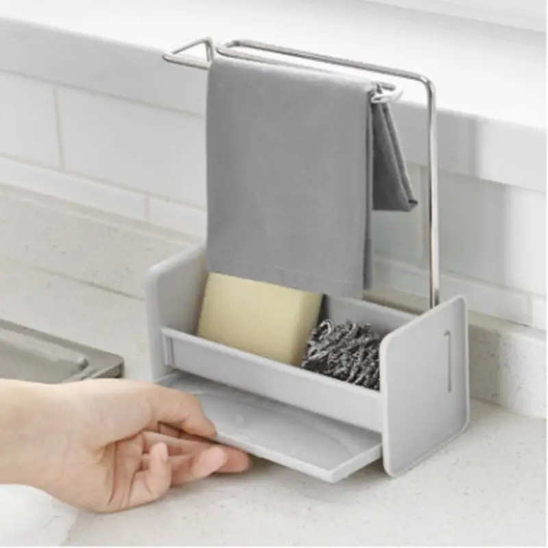 Kitchen Sponge Holder Sink Cleaning Brush Soap Rack Drain Tray Rag Dishcloth Towel Hanging Shelf Rack