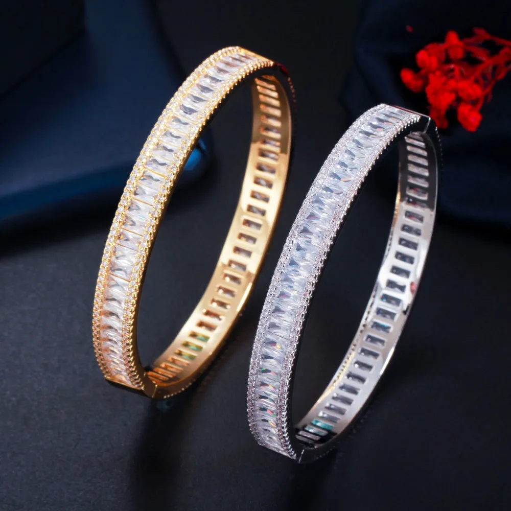 CWWZircons Luxury Baguette CZ Cubic Zircon Round Open Bangle Bracelet New Trendy Brand Women Party Wedding Bridal Jewelry BG042