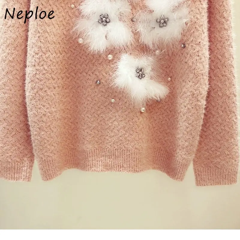 Neploe Autumn 2024 New Rhinestone Furry Decorative Knitted Pullovers Women Crewneck Sweater Woman Outer Wear Loose Tops Mujer