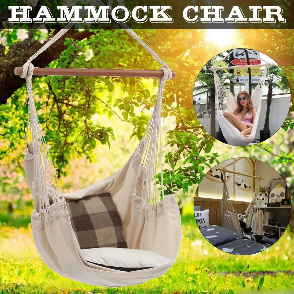 125x104cm Portable Hanging Hammock Chair Swing Thicken Porch Seat Garden Outdoor Camping Patio Travel with Wooden Rod 150kg Load