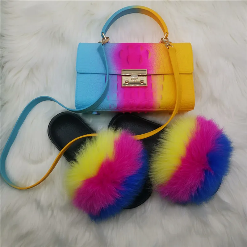 New Women Casual Plush Real Fox Fur Slippers Fashion Shoulder Bag Indoor Fluffy Fur Flip Flops Ladies Cute Flat Furry Fur Slides