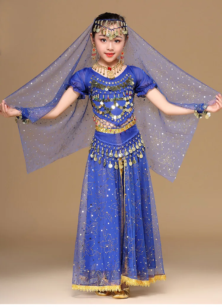 Girls Bollywood Dance Costume Set Kids Belly Dance Indian Sari Children Chiffon Outfit Halloween Top Belt Skirt Veil Headpiece