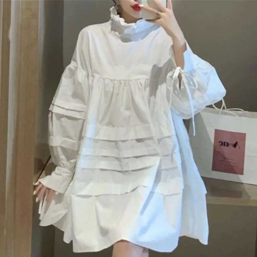 

3XL!White ball gown Dress Women Stand collar long shirt