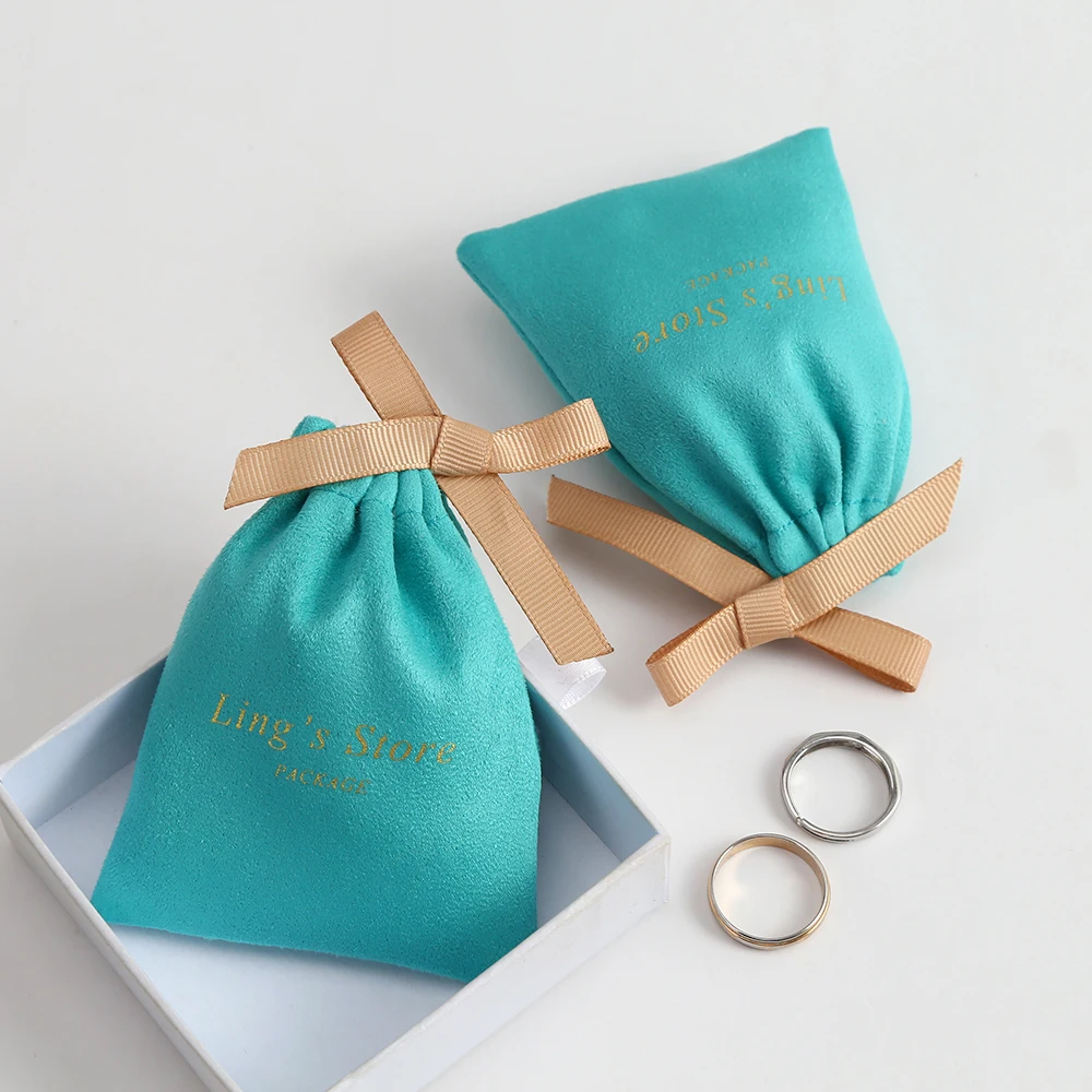 100Pcs Custom Logo Teal Green Jewelry Drawstring Bag Personalized Velvet Flannel Suede Packaging Pouch Chic Wedding Favors Sack