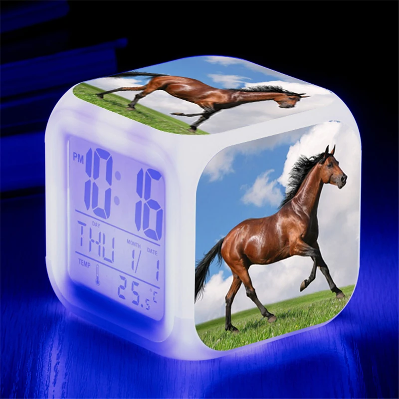 Animals Horse Digital Clocks Color Changing Despertador White Horses Led Alarm Clocks Action Figure Light Up Toys Doll Kids Gift