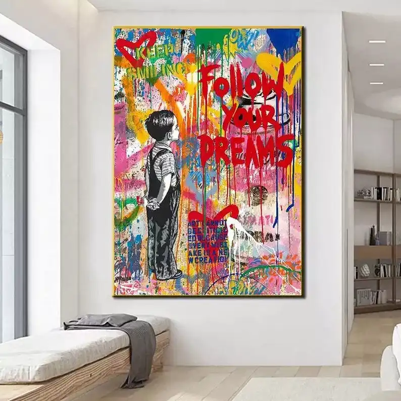 Mr. Brainwash Follow Your Dreams Canvas Oil Painting Graffiti Art 100% Hand Painted NOT PRINT American Style Home Decor