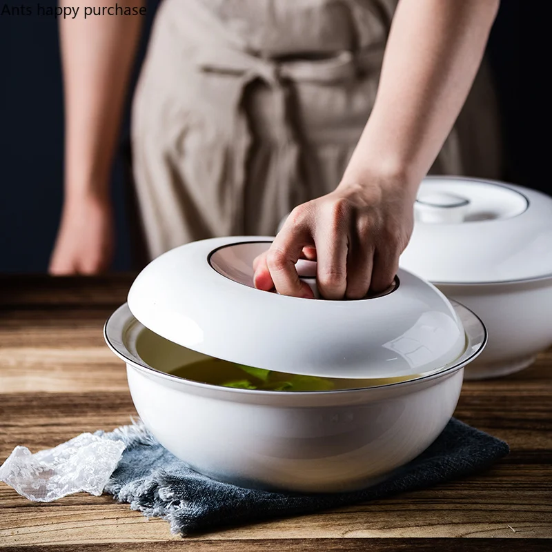 Large Soup Bowl with Lid White Ceramic Plate Round Dinner Plate Soup Pot Noodle Bowl Decorative Tableware Serving Bowls Tureens