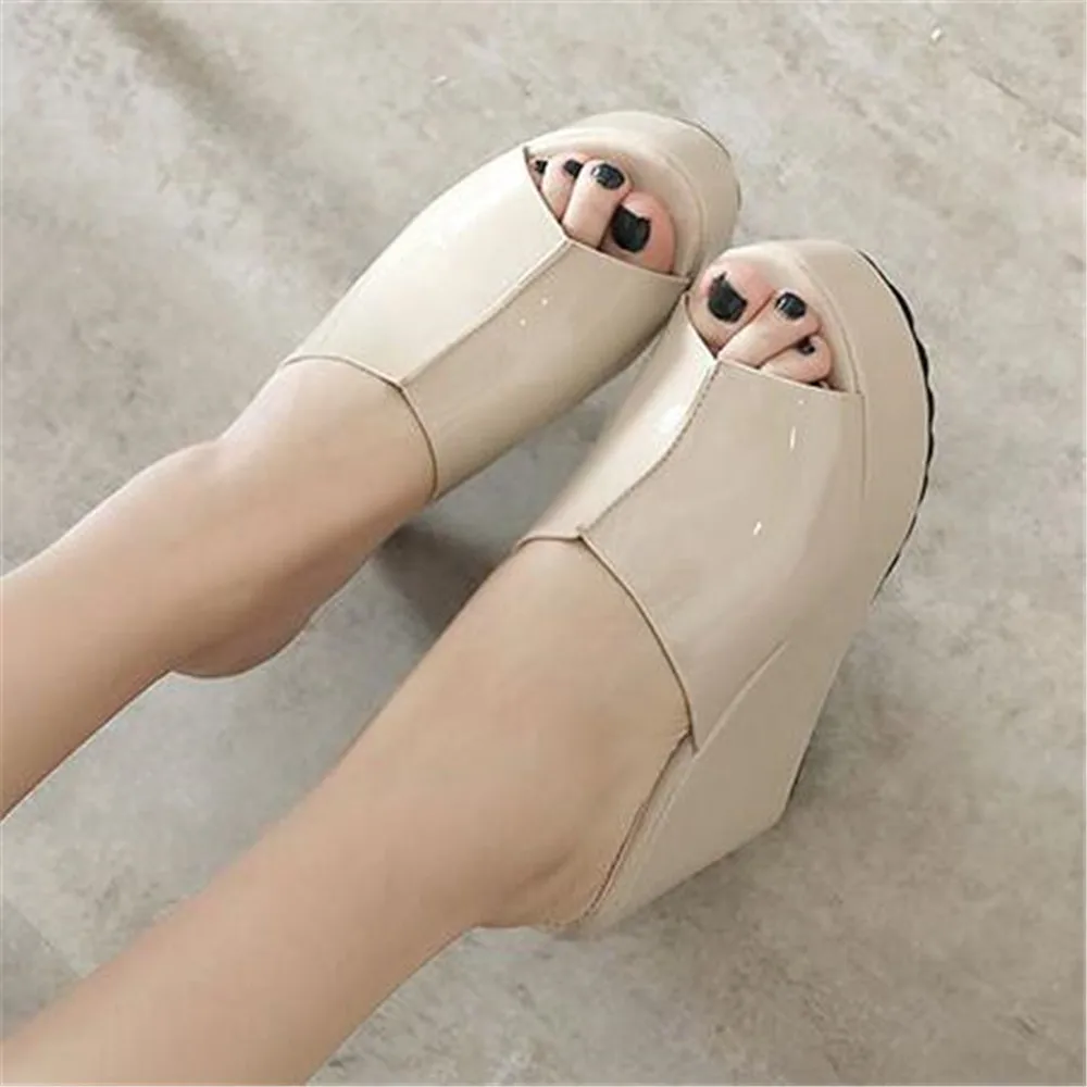 Summer Concise Leather Peep Toe Wedges Slippers Sandals Women Fashion 12 CM High Heels Female Platform Shoes Black White Apricot