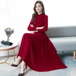 2024 Vintage Solid Chiffon Lady Maxi Dress Autumn Winter Long Sleeve Chic Evening Dress Elegant Women Bodycon Prom Party Vestido