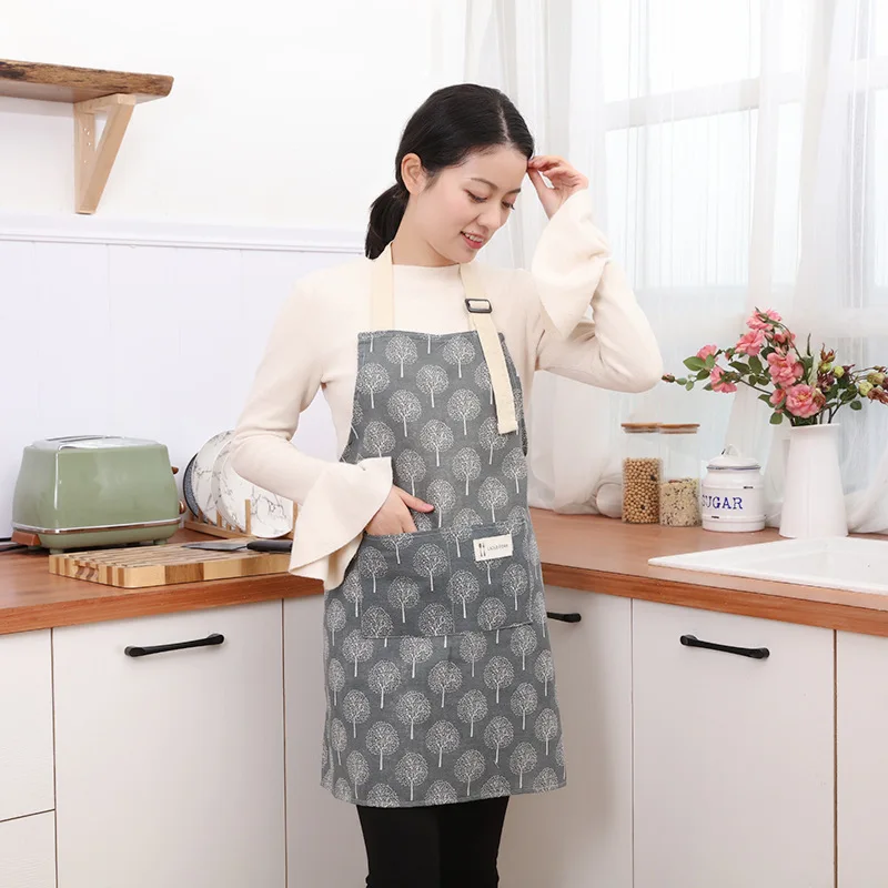 Cotton Hemp Apron Oil Proof Antifouling Kitchen Restaurant Cleaning Cooking Baking Easy Cleaning Hand Wiping Small Tree Apron