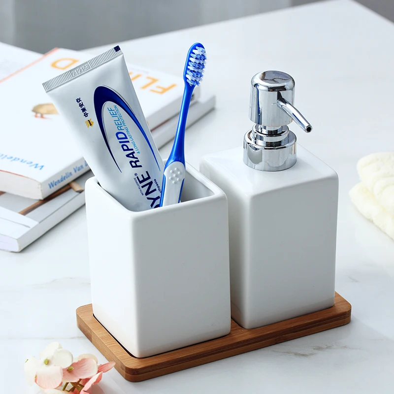 320ml Ceramic Emulsion Dispenser White Black Bottle Hotel Shower Gel Hand Sanitizer Bottle with Bamboo Tray for Kitchen