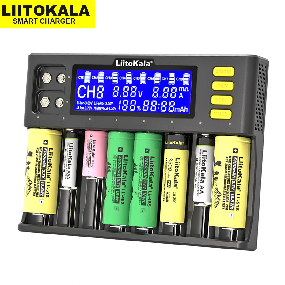 LiitoKala Lii-S8 Battery Charger  Li-ion 3.7V  NiMH 1.2V Li-FePO4 3.2V IMR 3.8V charger  for 18650 26650 21700 26700 AA AAA