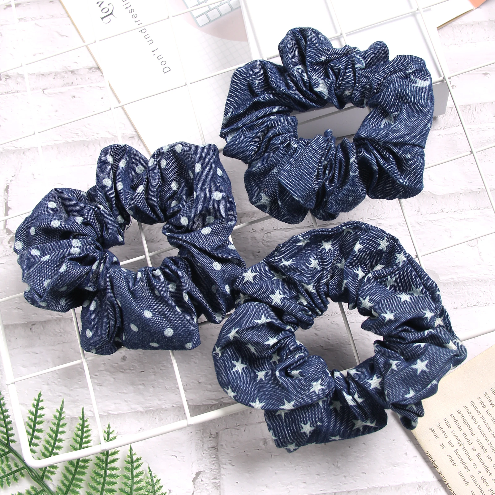 Furling Girl 1PC Polka Dots Jeans Fabric Elastic Hair Bands Star Hair Scrunchies Anchor Strips Paisley Check Designs Hair Ties