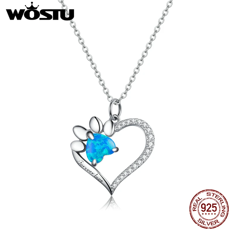 Wostu New Necklace 925 Sterling Silver Blue Zircon Paw Dazzling Heart Shaped Pendant Necklace Chain for Women Jewelry FNN225