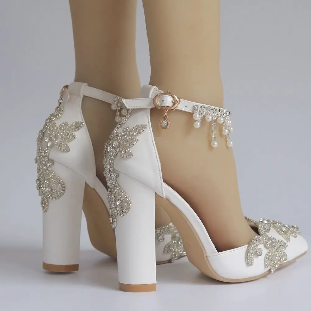 Sexy Wedding Shoes Bride Heels Crystal Pumps Christmas Evening Party Luxury Square Heel Sandals Woman Tassel rhinestones Shoes