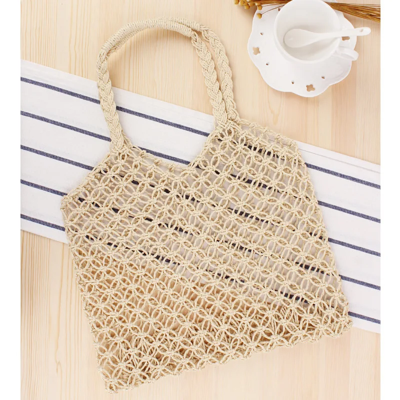 Bolsa de mão vazada 35x35cm, bolsa de mão feminina estilo natural folha embalada à mão corda de papel bolsa de rede a7