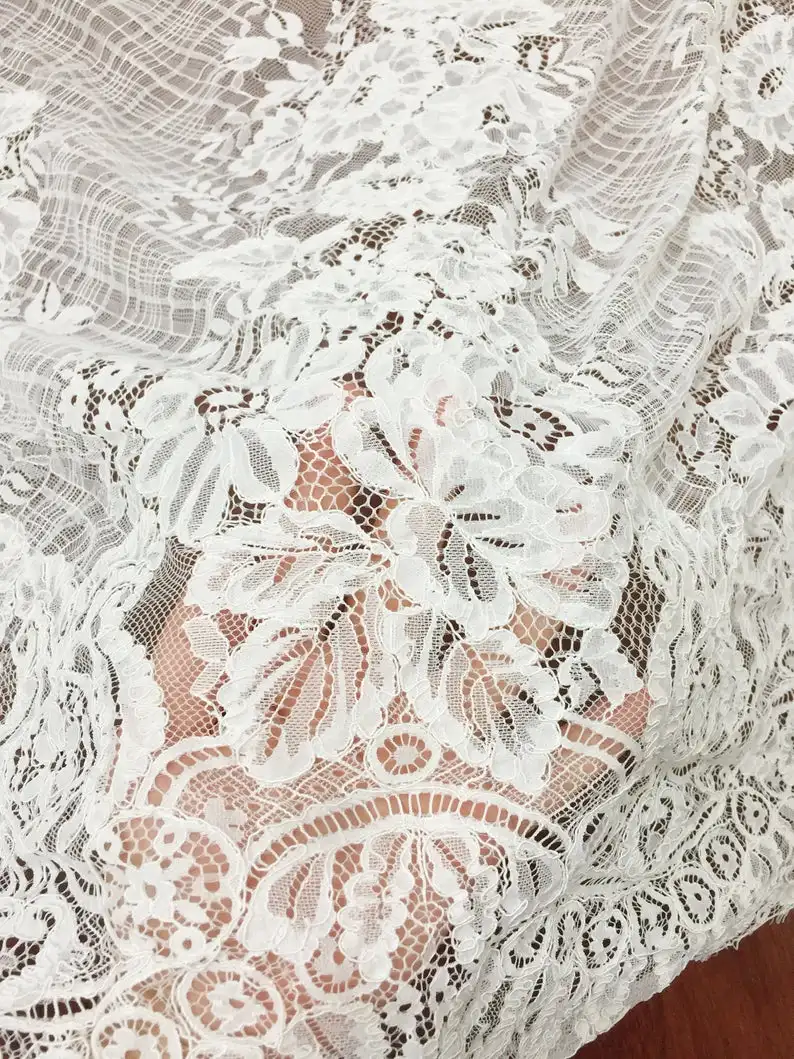 3 Yards French Made Fine Geometric Couture Alencon Embroidery Lace Fabric at 125cm wide, Couture Wedding Gown Fabric