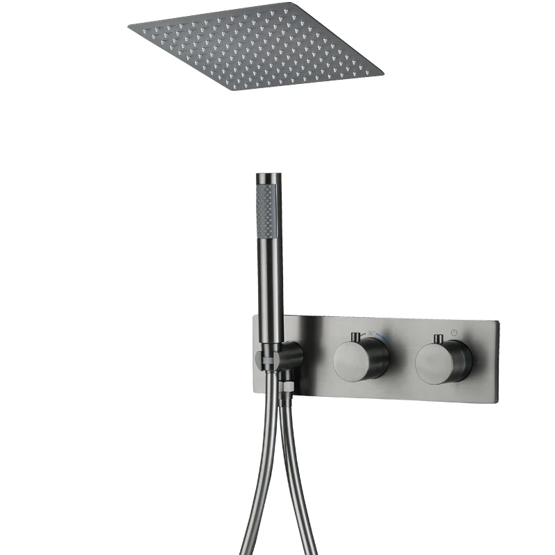 Gun metal  top ceiling 12inch shower set thermostatic bath rainfall bath shower set bathroom matt black constant shower mixer