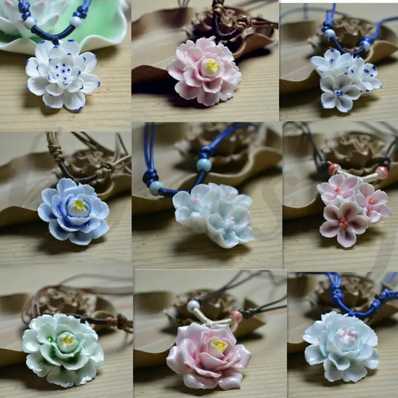 Porcelain National Chinese Handmade Ceramic Lotus Flower Pendant Necklace Gift