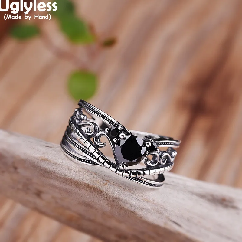 Uglyless Exotic Thai Silver Hollow Open Rings for Women Real 925 Sterling Silver Zircon Black Rings Vintage Dress Silver Jewelry