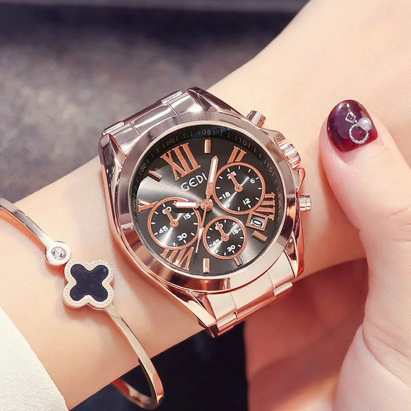 Gedi Luxury Rose Gold Women Casual Watch Waterproof Calendar Unique Quartz Business Dress Watches for Female Golden Lady Clock