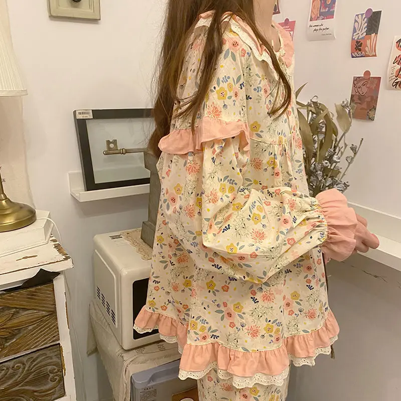 Pajama Sets Women Floral Tender Vintage Full Length Sweet Homewear Ins Girlish Korean Style Casual Fashion All-match Lovely New