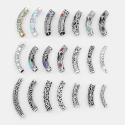 5pcs Tibetan Silver Hollow Curved Tube Spacer Beads Flower Connector Charms For 5/6/7/9mm Cord Bracelet Jewelry Findings Making