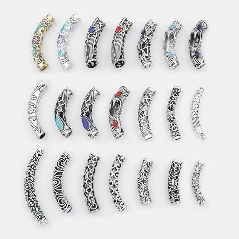 5 sztuk tybetański srebrny Hollow zakrzywiona rurka koraliki dystansowe kwiat złącze Charms dla 5/6/7/9mm bransoletka ze sznurka komponenty do biżuterii Making