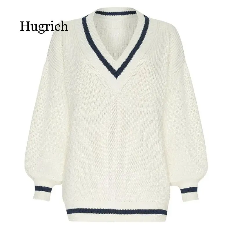 V Neck Loose Women Sweater Autumn Winter White Long Seelve Jumper Patchwork Oversized Pullover Knitted Casual Sweaters