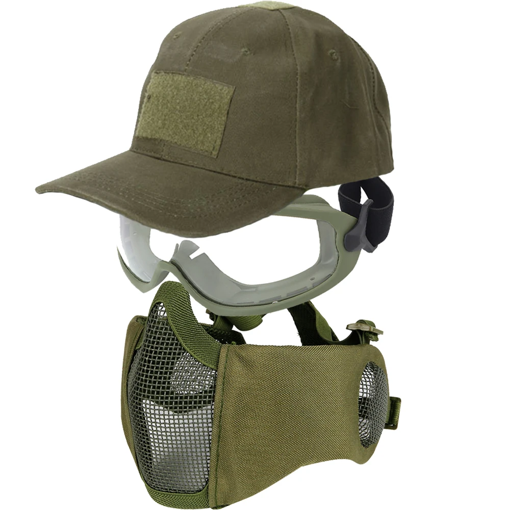 Airsoft Full Face Eyes Ears Protection Metal Mesh Mask with Baseball Cap and Goggles Paintball Wargame Protective Gear Equipment