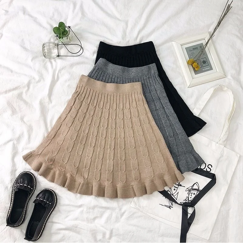 Black Sexy Mini Skirt Knitted Women Pleated Ruffle Kawaii Autumn  Elastic Waist Falda 90s Vintage Harajuku Japanese Style Skirts