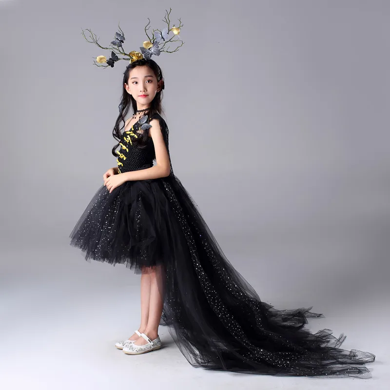 Sparkly Tulle Kids Girls Party Dresses with Train Tulle Chiffon Tulle Toddler Baby Girls Black Flower Tutu Dresses Gold Clothes