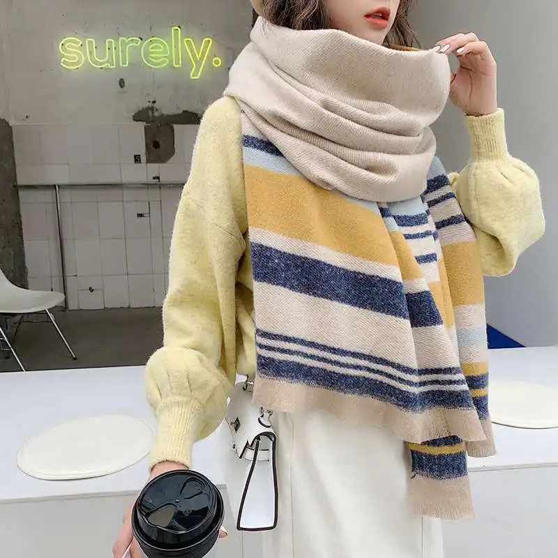 Striped Scarf Women Autumn And Winter Korean All-Match Ins Thick Japanese Imitation Cashmere Scarves Explosion Brand Blanket