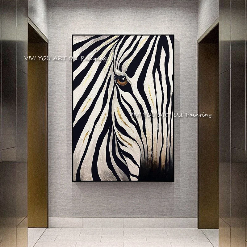 Imagem -04 - Abstrato Moderno Decoração da Casa Parede Arte Imagem 100 Artesanal Animal Pintura a Óleo da Lona Preto Branco Zebra Pinturas