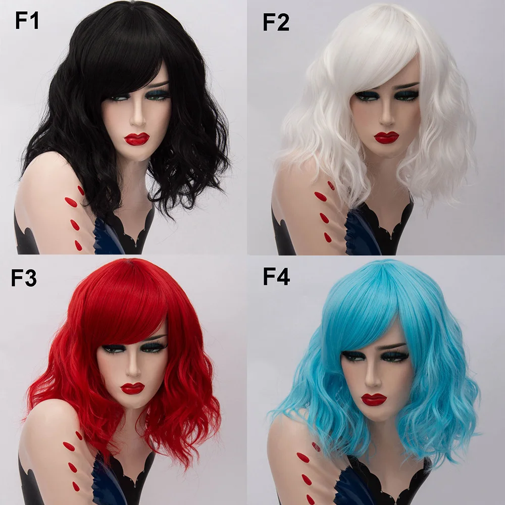 GAKA Short Wig Grey White Wavy Cosplay Red Wig with Side Bang for Women 32 Colors Party Costume Lolita Synthetic Hair