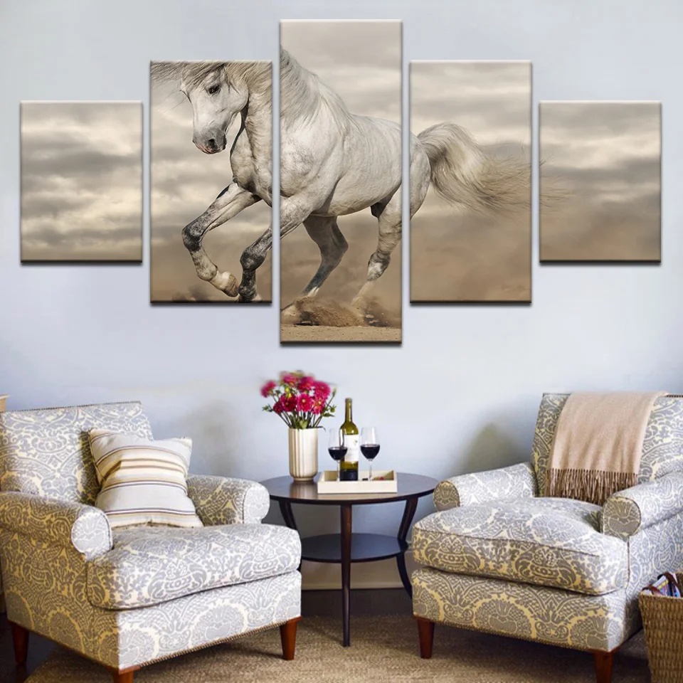 

Wall Art Canvas 5 Piece Nordic Modern Animals White Horse And Prints Home Decor Painting For Living Room Decoration Pictures