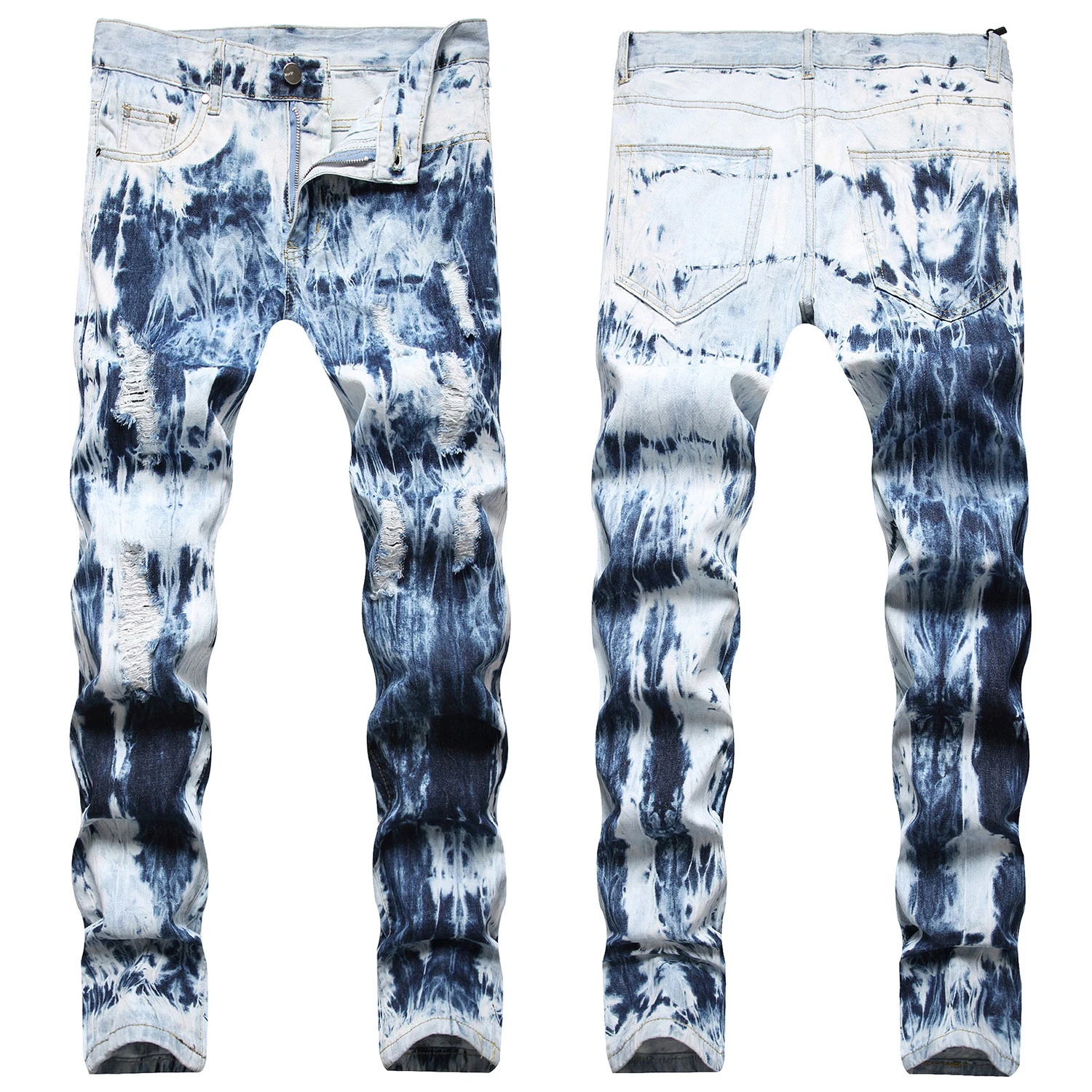 

Men’s High Quality Tie-dyed Blue Jeans,Slim-fit Ripped Jeans,Light Luxury Snow wash Denim Pants,Street Fashion Casual Jeans;