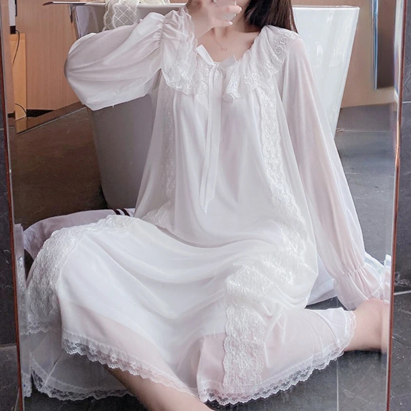 Women Romantic Nightgowns Mesh Long Sleeve Fairy Night Dress Victorian Lace Peignoir Vintage Lolita Nightie Princess Sleepwear