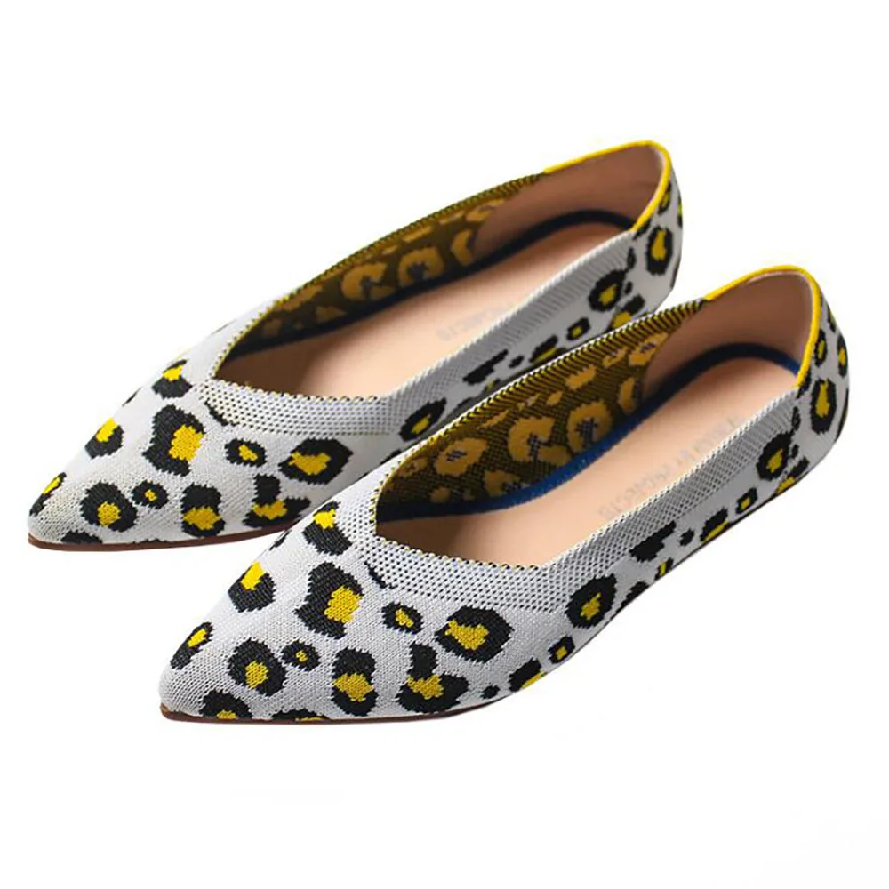 Leopard Pointed Toe Women Flats Shoes Fashion Slip On Ladies Loafers Shoes Knitting Soft Casual Egg Roll Shoes For Dancing