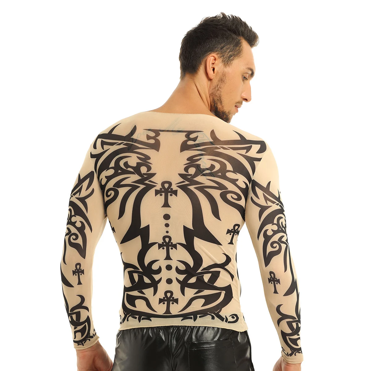 iEFiEL Autumn Men Tops Fake Tattoo Elastic See Through Full Long Sleeve Bodybuilding T-Shirt for Mens Halloween Wetlook Clothes